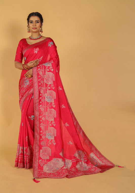 Mehek Premium Quality Raw Silk Pure Silver Zari Meena Work Saree With Unstitched Blouse for Women