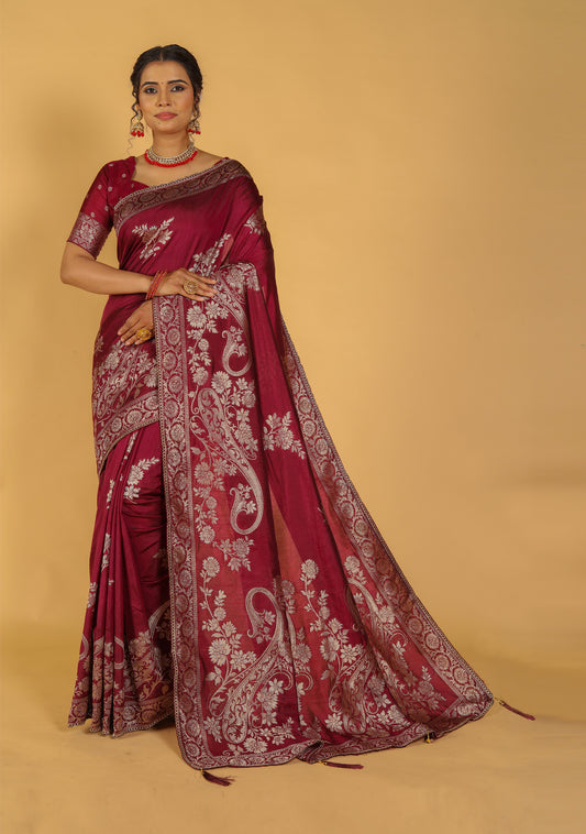 Roohi Raw Silk Mina Saree with Antique Silver Floral Weaves