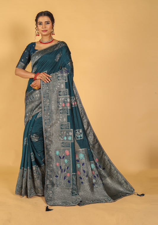 Morni Designer Raw Silk Mina Saree in Multi Color with Contrast Pallu & Floral Butta