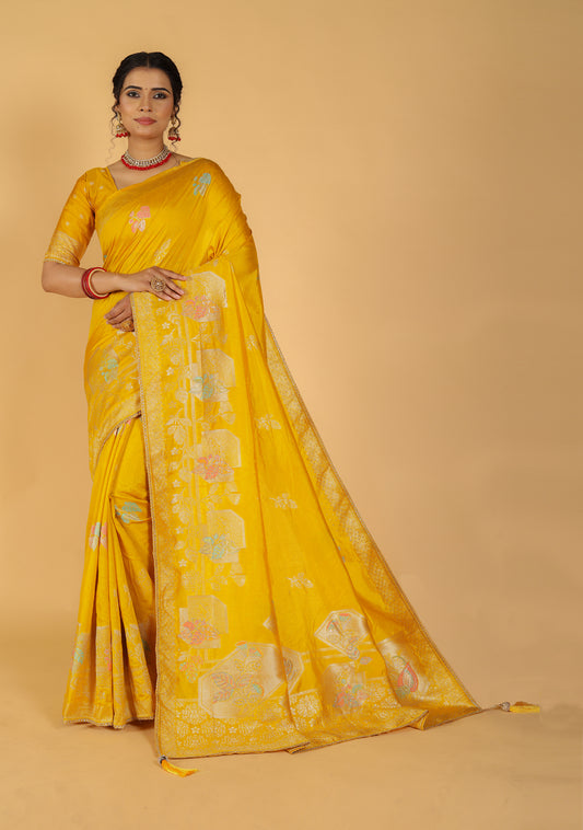 Mehek Premium Quality Raw Silk Pure Silver Zari Meena Work Saree With Unstitched Blouse for Women