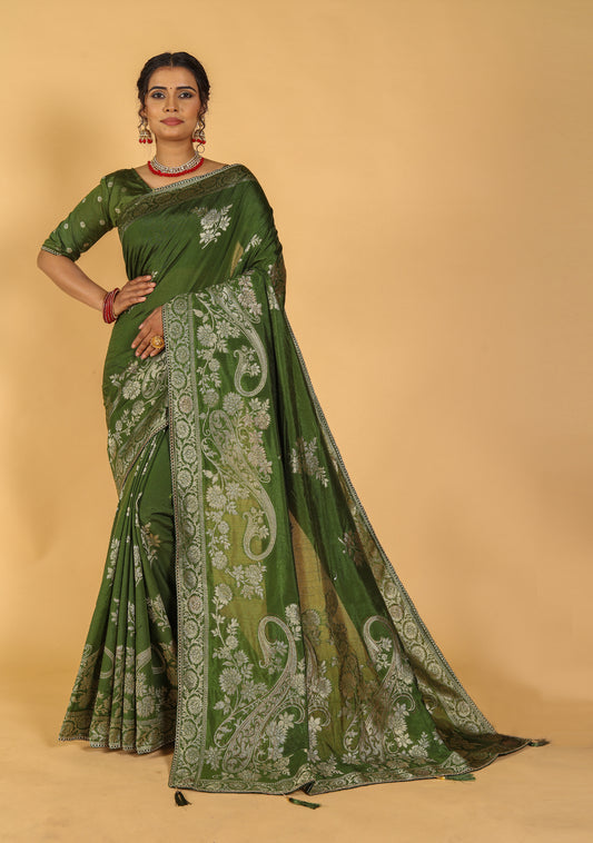 Roohi Raw Silk Mina Saree with Antique Silver Floral Weaves