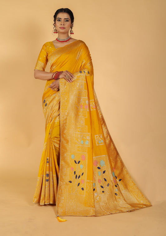 Morni Designer Raw Silk Mina Saree in Multi Color with Contrast Pallu & Floral Butta
