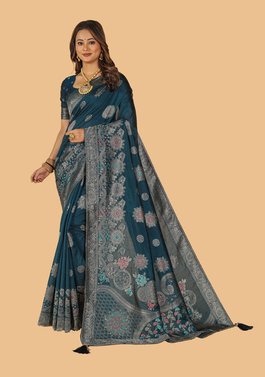 Mirzaa Woven Design Raw Silk Mina Zari Work Saree With Attached Blouse.
