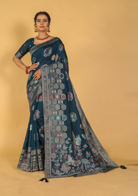 Neer Premium Quality Raw Silk Pure Silver Zari Meena Work Saree