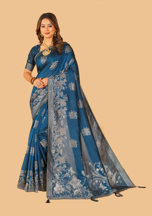 Aarohi Multi Color Raw Silk Saree With Sliver Zari Floral Butta's Saree