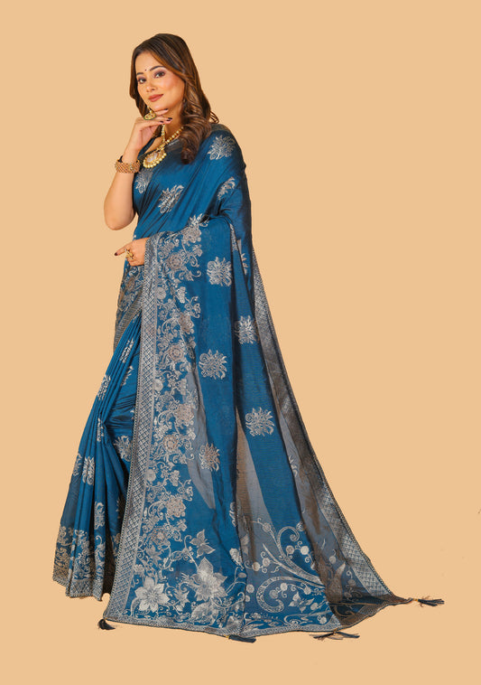 Aarohi Multi Color Raw Silk Saree With Sliver Zari Floral Butta's Saree