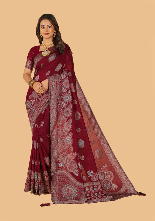 Mirzaa Woven Design Raw Silk Mina Zari Work Saree With Attached Blouse.