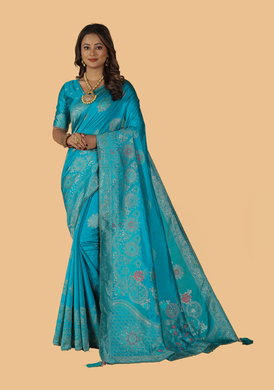 Mirzaa Woven Design Raw Silk Mina Zari Work Saree With Attached Blouse.