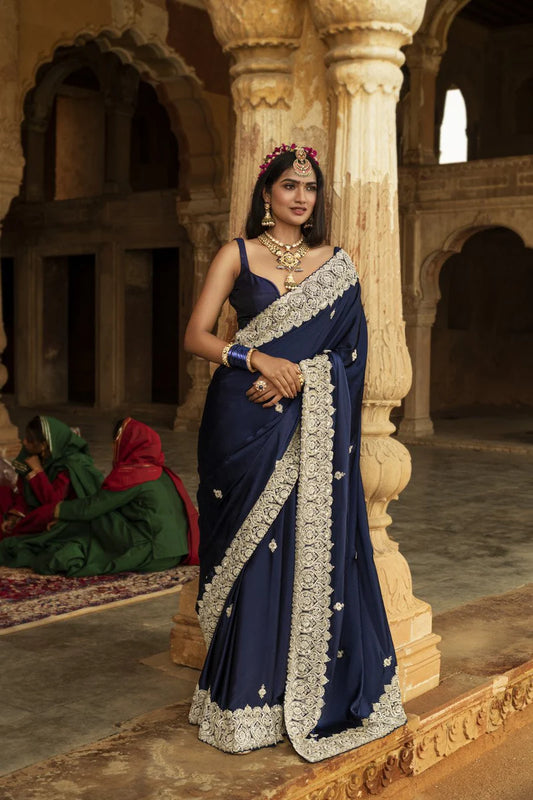 Mulberry Satin Silk Embroidered Saree