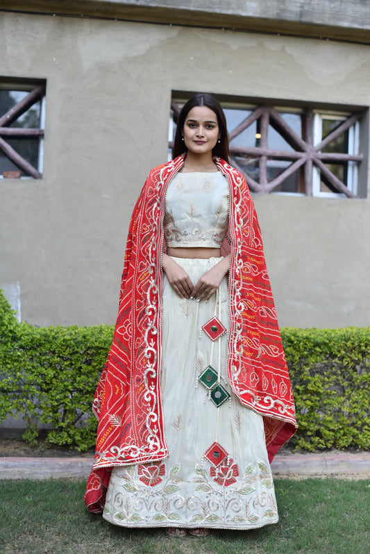 Off White Bandhani Printed Georgette Silk Lehenga Set